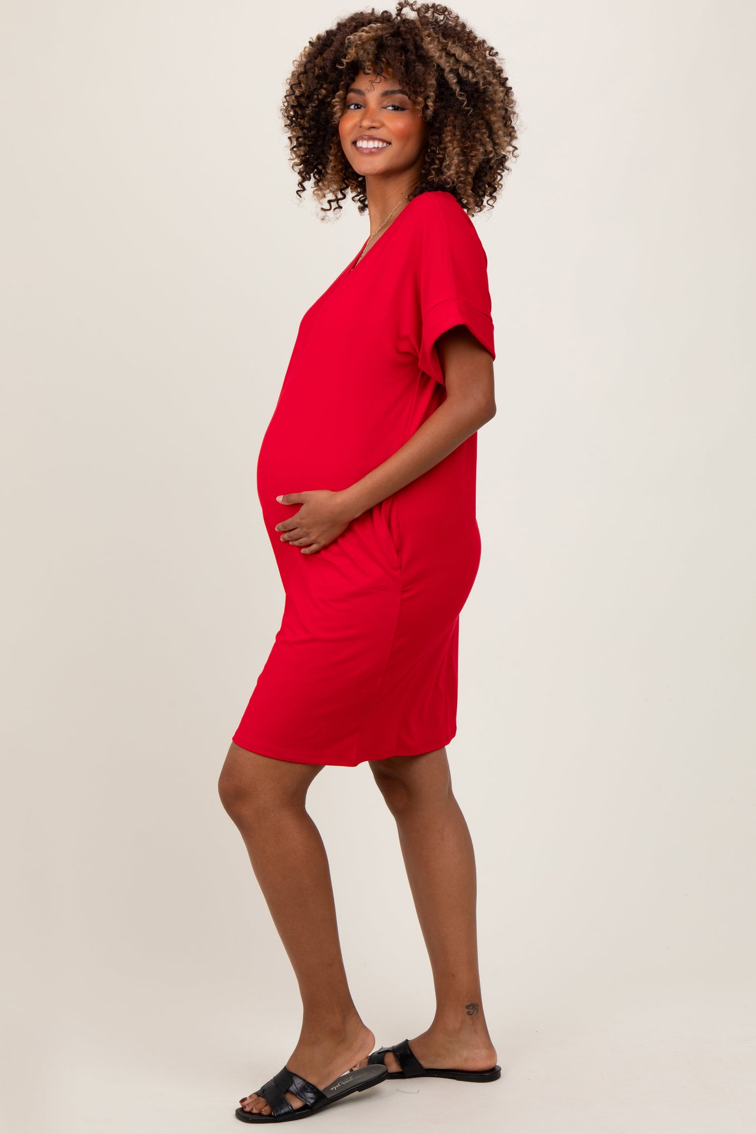 PinkBlush Red Brushed Rolled Short Sleeve V - Neck Maternity DressEveretts Place