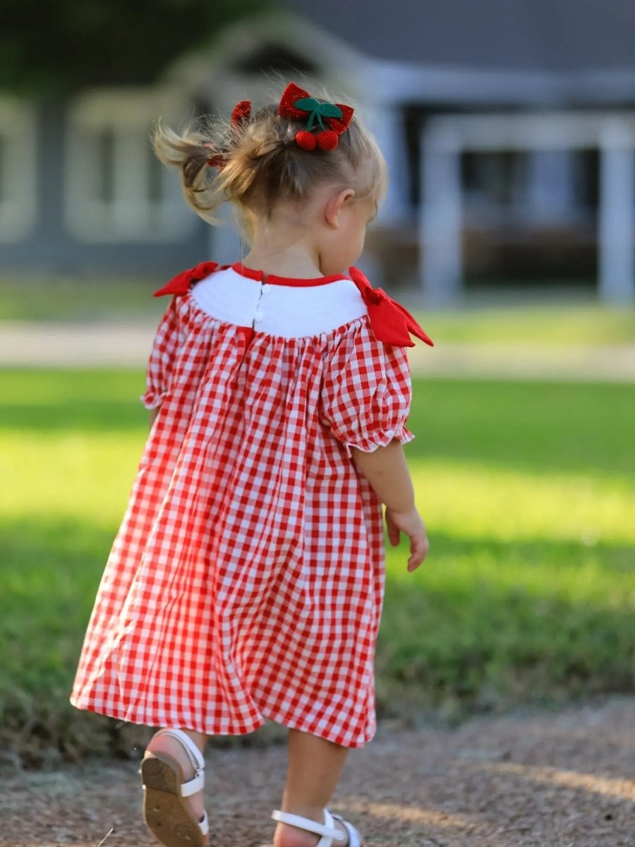 Rylee Faith Designs Red Cherry Bow Plaid Smocking Embroidery Girls Dress - Everetts Place Boutique - 