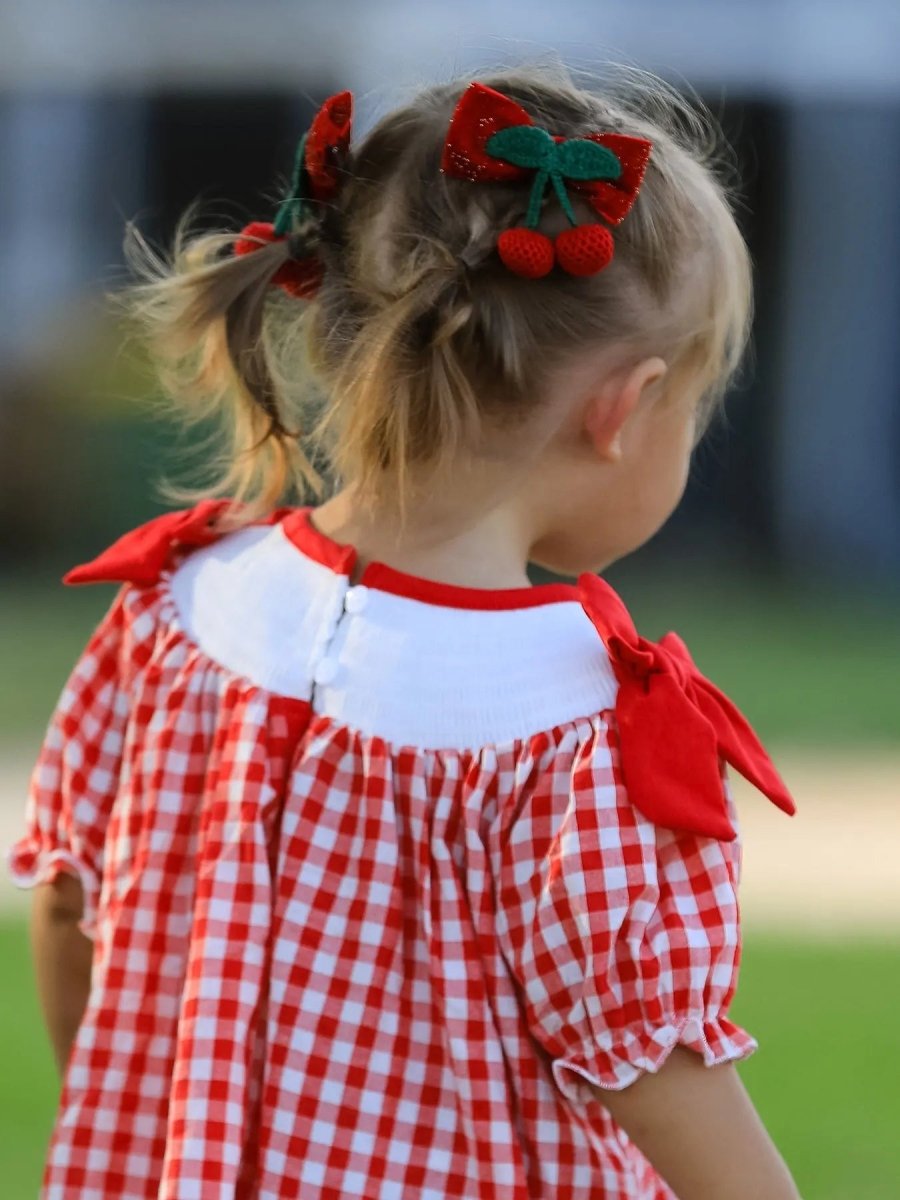 Rylee Faith Designs Red Cherry Bow Plaid Smocking Embroidery Girls Dress - Everetts Place Boutique - 