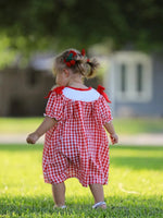 Rylee Faith Designs Red Cherry Bow Plaid Smocking Embroidery Girls Dress - Everetts Place Boutique - 