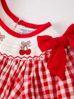 Rylee Faith Designs Red Cherry Bow Plaid Smocking Embroidery Girls Dress - Everetts Place Boutique - 