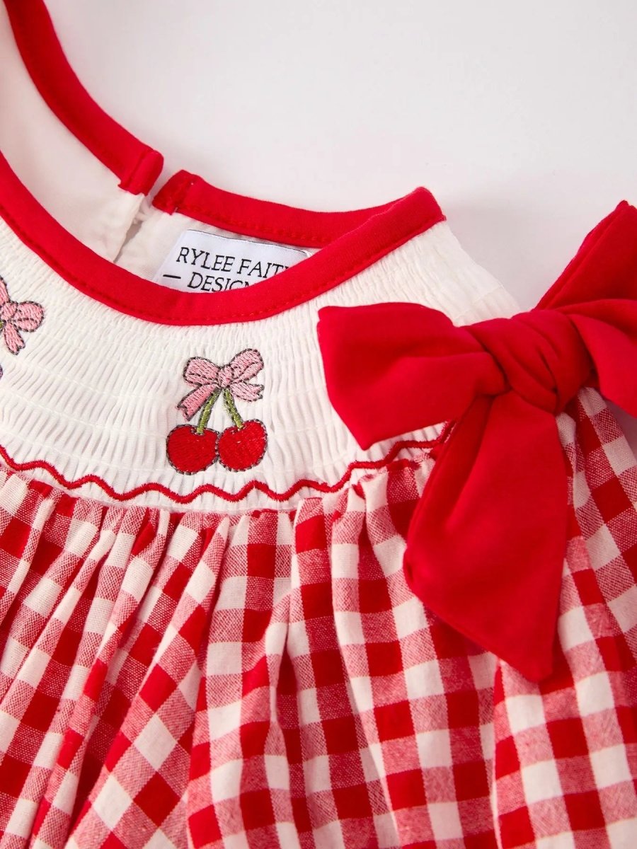 Rylee Faith Designs Red Cherry Bow Plaid Smocking Embroidery Girls Dress - Everetts Place Boutique - 