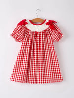 Rylee Faith Designs Red Cherry Bow Plaid Smocking Embroidery Girls Dress - Everetts Place Boutique - 