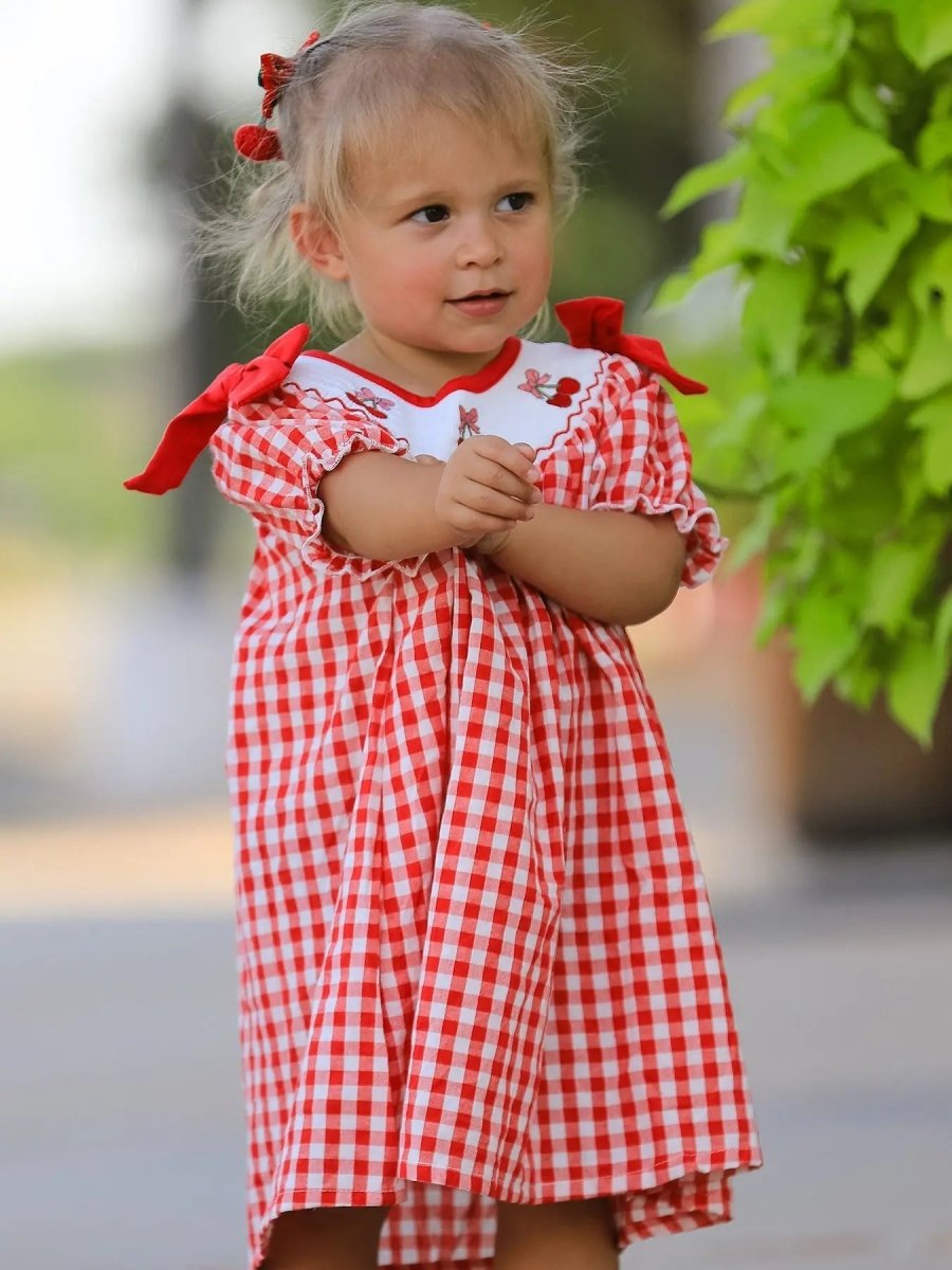 Rylee Faith Designs Red Cherry Bow Plaid Smocking Embroidery Girls Dress - Everetts Place Boutique - 