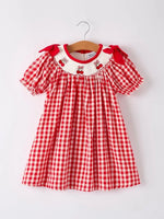 Rylee Faith Designs Red Cherry Bow Plaid Smocking Embroidery Girls Dress - Everetts Place Boutique - 