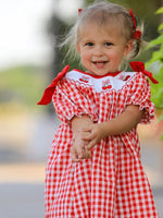 Rylee Faith Designs Red Cherry Bow Plaid Smocking Embroidery Girls Dress - Everetts Place Boutique - 