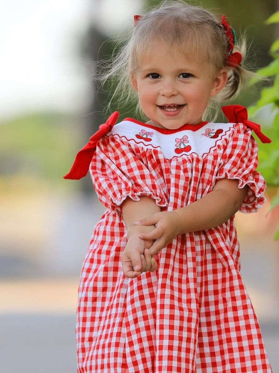 Rylee Faith Designs Red Cherry Bow Plaid Smocking Embroidery Girls Dress - Everetts Place Boutique - 