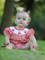 Rylee Faith Designs Red Cherry Bow Plaid Smocking Embroidery Girls Romper - Everetts Place Boutique - 