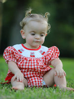 Rylee Faith Designs Red Cherry Bow Plaid Smocking Embroidery Girls Romper - Everetts Place Boutique - 