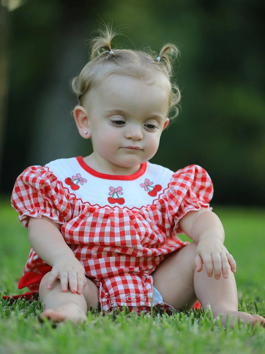 Rylee Faith Designs Red Cherry Bow Plaid Smocking Embroidery Girls Romper - Everetts Place Boutique - 