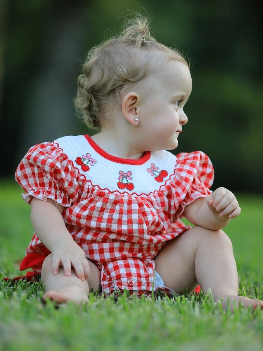 Rylee Faith Designs Red Cherry Bow Plaid Smocking Embroidery Girls Romper - Everetts Place Boutique - 