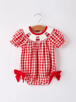 Rylee Faith Designs Red Cherry Bow Plaid Smocking Embroidery Girls Romper - Everetts Place Boutique - 
