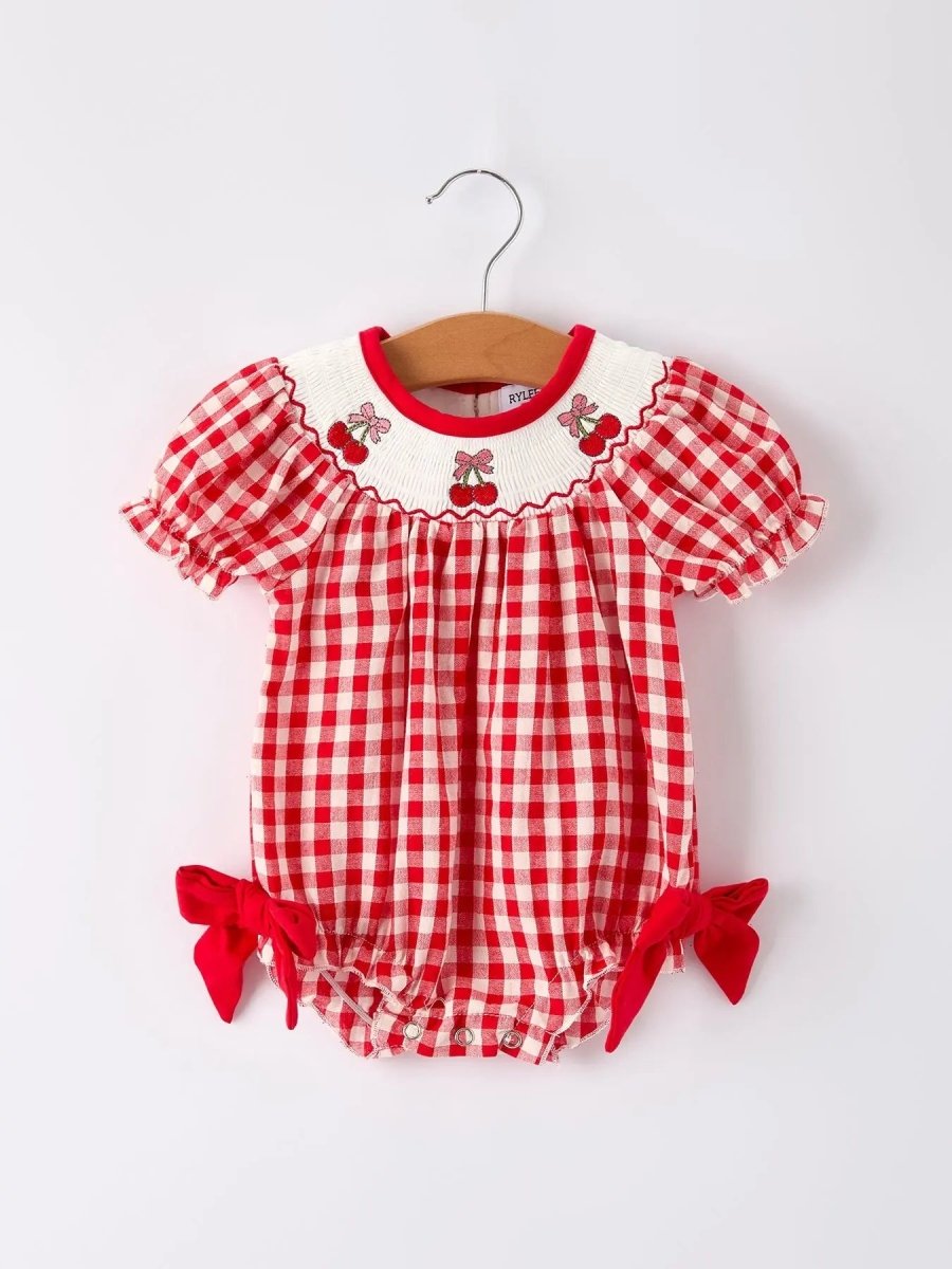 Rylee Faith Designs Red Cherry Bow Plaid Smocking Embroidery Girls Romper - Everetts Place Boutique - 