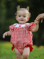 Rylee Faith Designs Red Cherry Bow Plaid Smocking Embroidery Girls Romper - Everetts Place Boutique - 