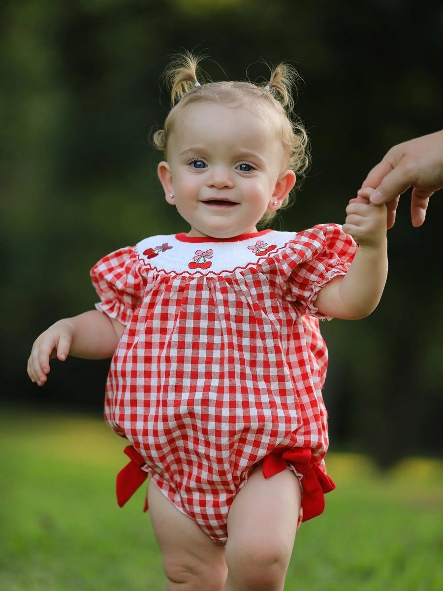 Rylee Faith Designs Red Cherry Bow Plaid Smocking Embroidery Girls Romper - Everetts Place Boutique - 