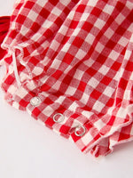 Rylee Faith Designs Red Cherry Bow Plaid Smocking Embroidery Girls Romper - Everetts Place Boutique - 