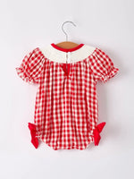 Rylee Faith Designs Red Cherry Bow Plaid Smocking Embroidery Girls Romper - Everetts Place Boutique - 