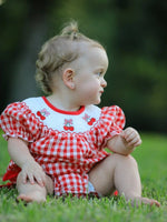 Rylee Faith Designs Red Cherry Bow Plaid Smocking Embroidery Girls Romper - Everetts Place Boutique - 