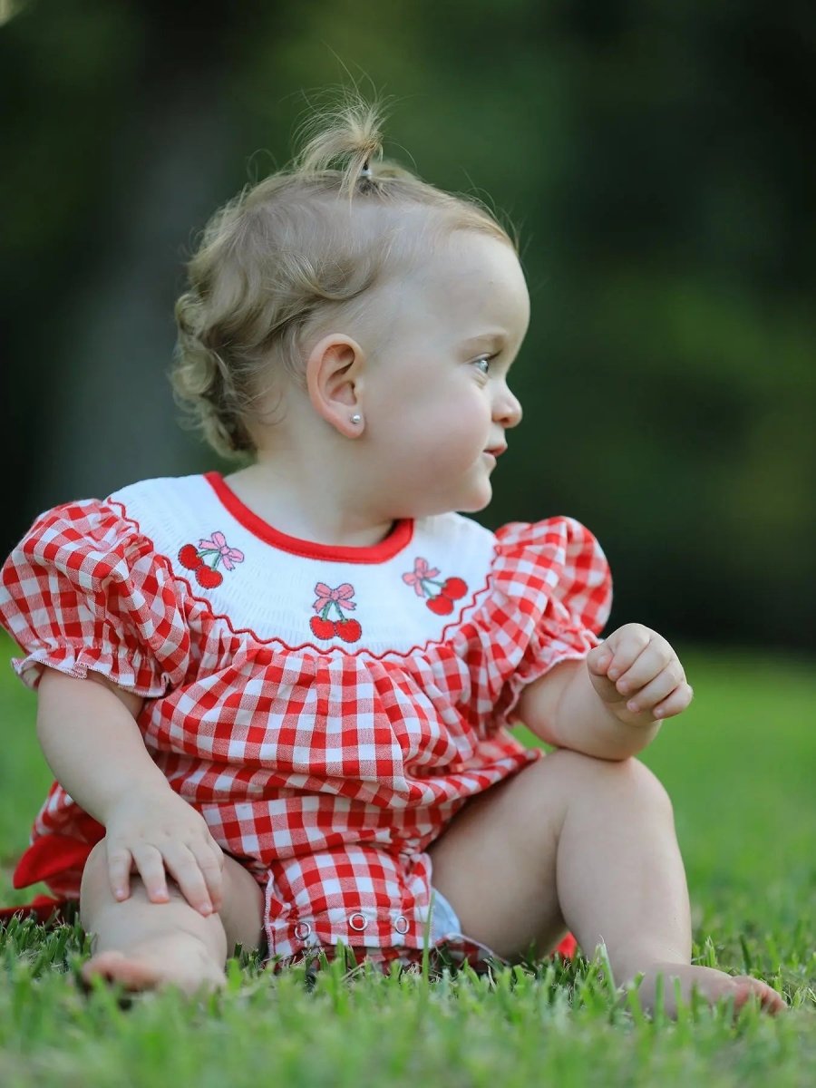 Rylee Faith Designs Red Cherry Bow Plaid Smocking Embroidery Girls Romper - Everetts Place Boutique - 