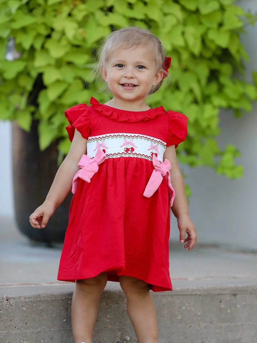 Rylee Faith Designs Red Cherry Bow Smocking Embroidery Girls Dress - Everetts Place Boutique - 