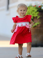 Rylee Faith Designs Red Cherry Bow Smocking Embroidery Girls Dress - Everetts Place Boutique - 