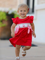 Rylee Faith Designs Red Cherry Bow Smocking Embroidery Girls Dress - Everetts Place Boutique - 