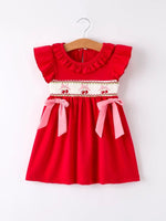 Rylee Faith Designs Red Cherry Bow Smocking Embroidery Girls Dress - Everetts Place Boutique - 