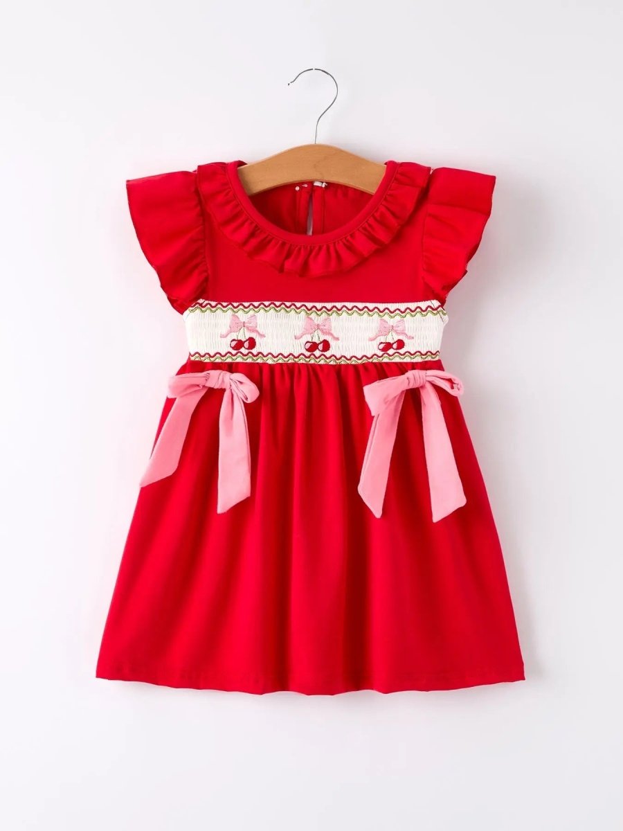 Rylee Faith Designs Red Cherry Bow Smocking Embroidery Girls Dress - Everetts Place Boutique - 