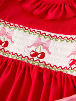 Rylee Faith Designs Red Cherry Bow Smocking Embroidery Girls Dress - Everetts Place Boutique - 