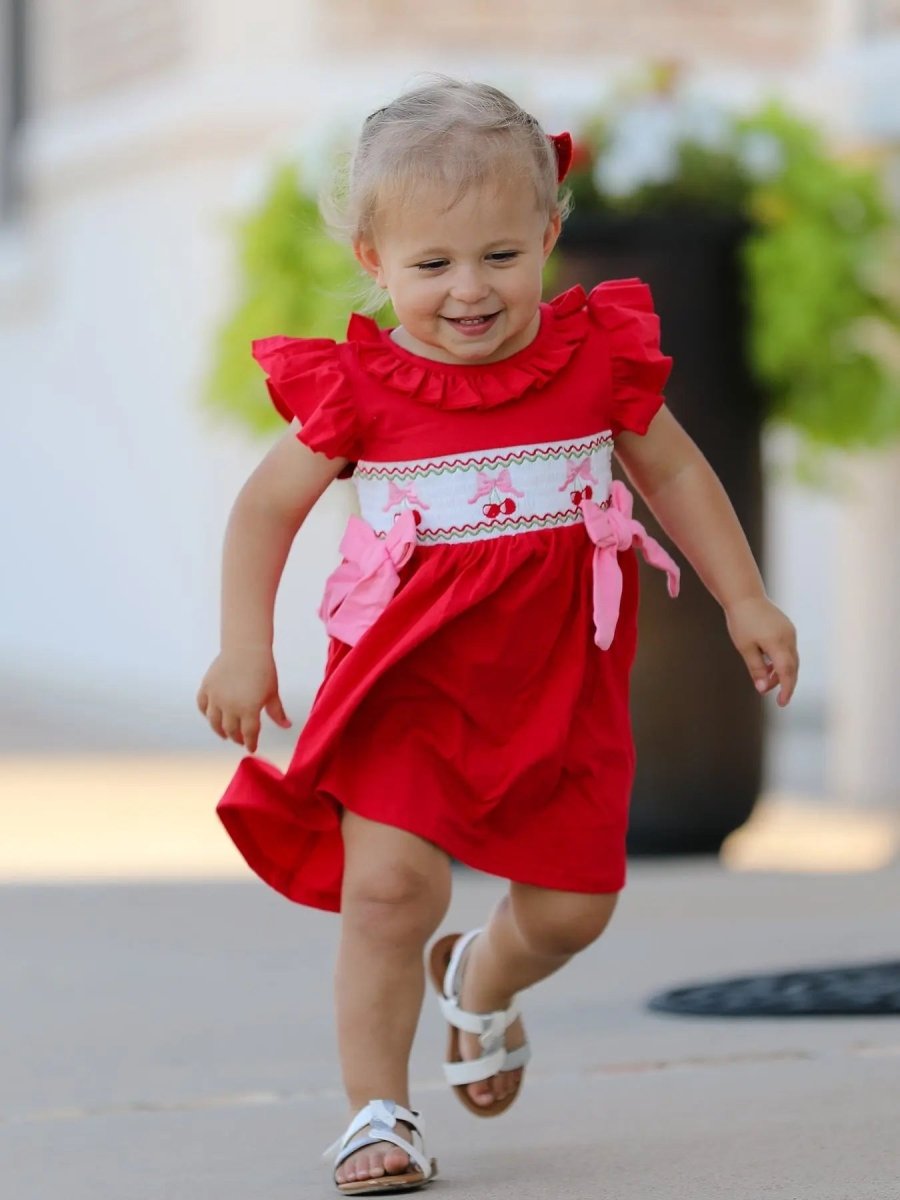 Rylee Faith Designs Red Cherry Bow Smocking Embroidery Girls Dress - Everetts Place Boutique - 