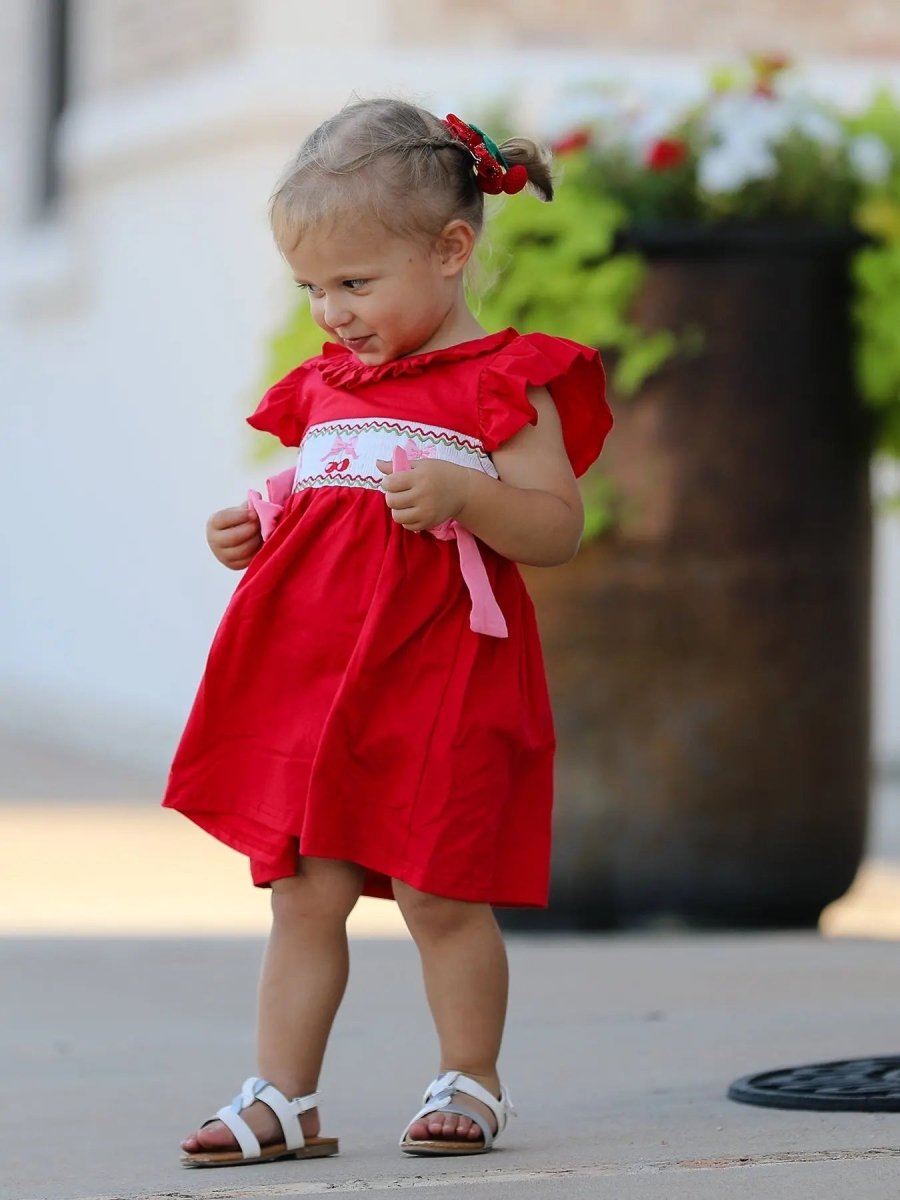 Rylee Faith Designs Red Cherry Bow Smocking Embroidery Girls Dress - Everetts Place Boutique - 