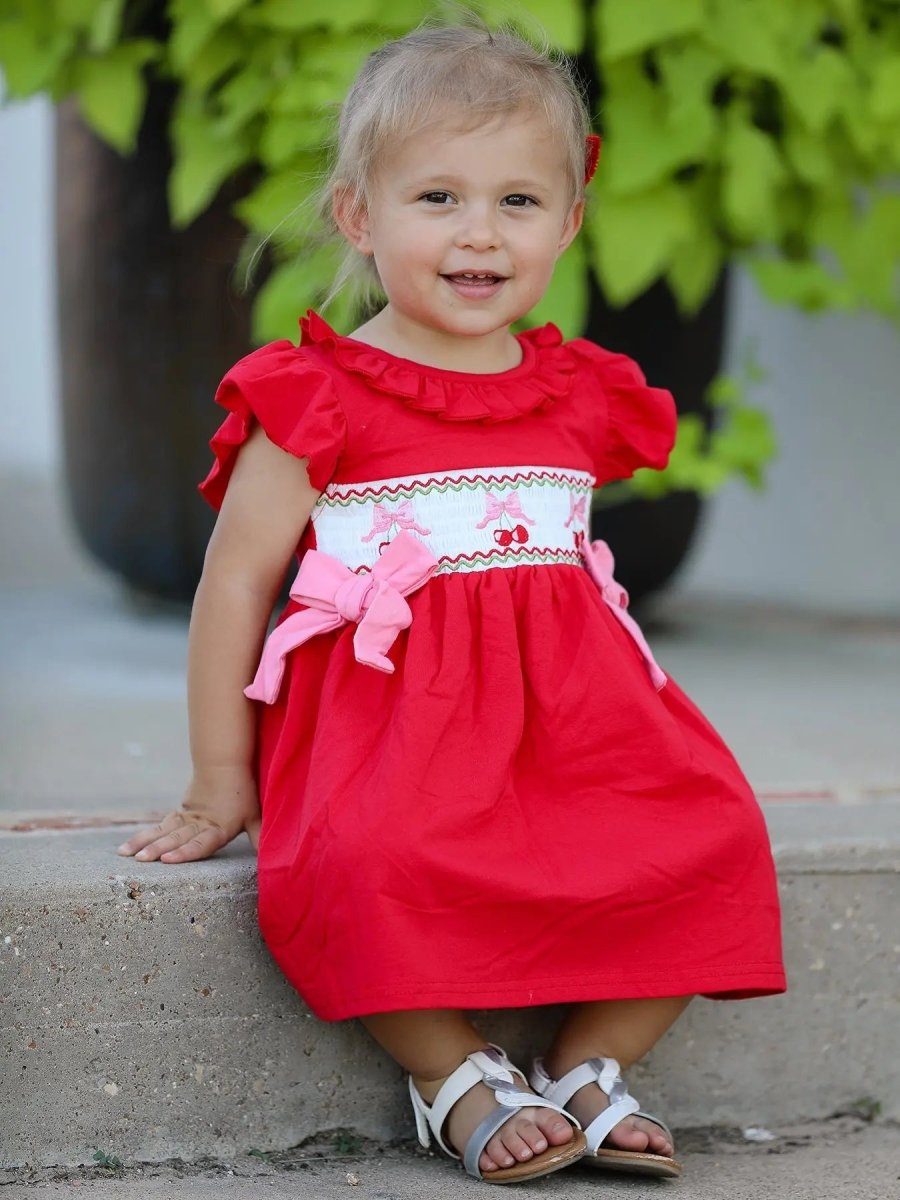 Rylee Faith Designs Red Cherry Bow Smocking Embroidery Girls Dress - Everetts Place Boutique - 