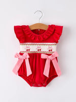 Rylee Faith Designs Red Cherry Bow Smocking Embroidery Girls Romper - Everetts Place Boutique - 