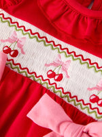 Rylee Faith Designs Red Cherry Bow Smocking Embroidery Girls Romper - Everetts Place Boutique - 