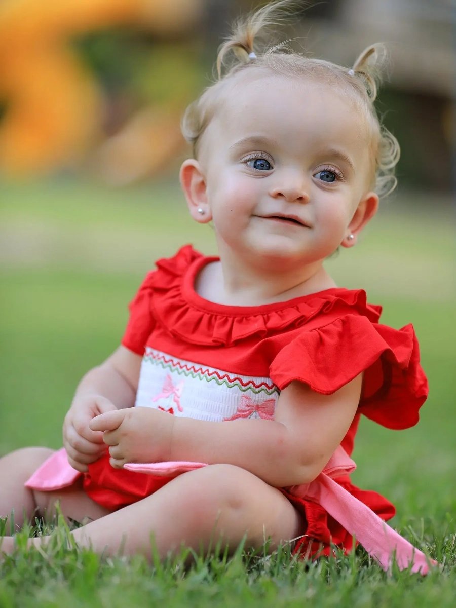 Rylee Faith Designs Red Cherry Bow Smocking Embroidery Girls Romper - Everetts Place Boutique - 