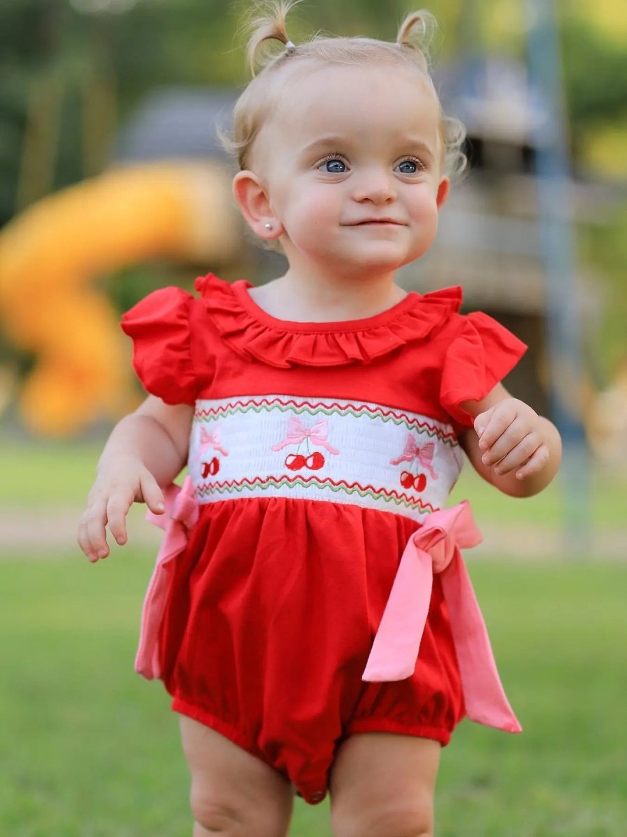 Rylee Faith Designs Red Cherry Bow Smocking Embroidery Girls Romper - Everetts Place Boutique - 