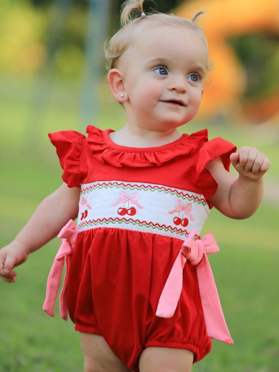 Rylee Faith Designs Red Cherry Bow Smocking Embroidery Girls Romper - Everetts Place Boutique - 