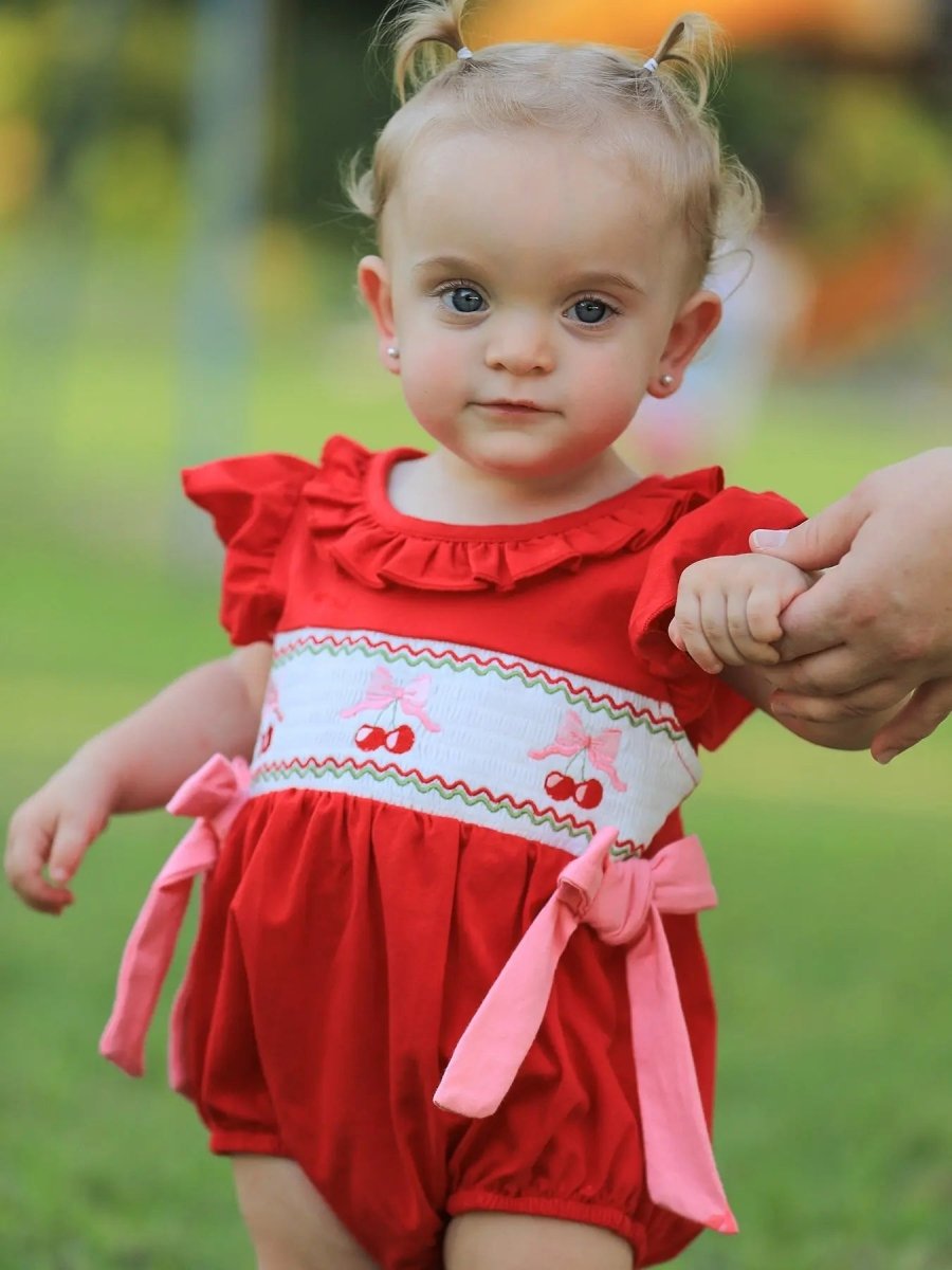 Rylee Faith Designs Red Cherry Bow Smocking Embroidery Girls Romper - Everetts Place Boutique - 
