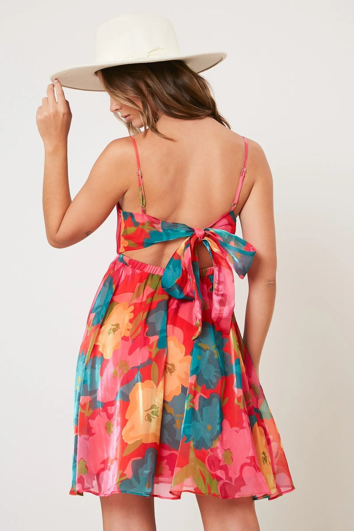 PinkBlush Red Floral Organza Square Neck Back Tie Dress - 