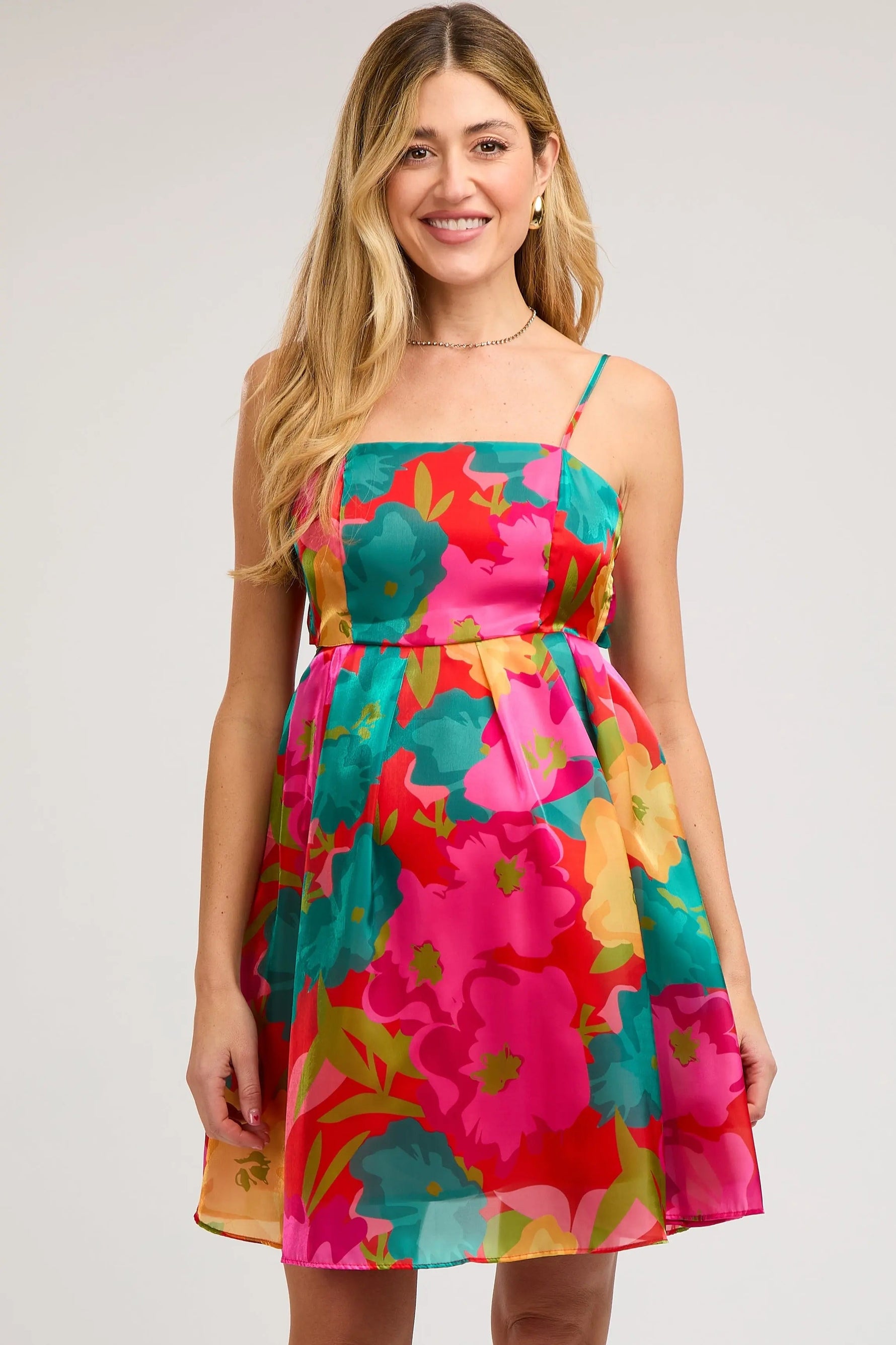 PinkBlush Red Floral Organza Square Neck Back Tie Maternity Dress - 