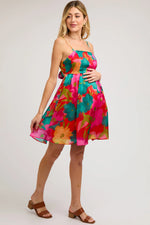 PinkBlush Red Floral Organza Square Neck Back Tie Maternity Dress - 