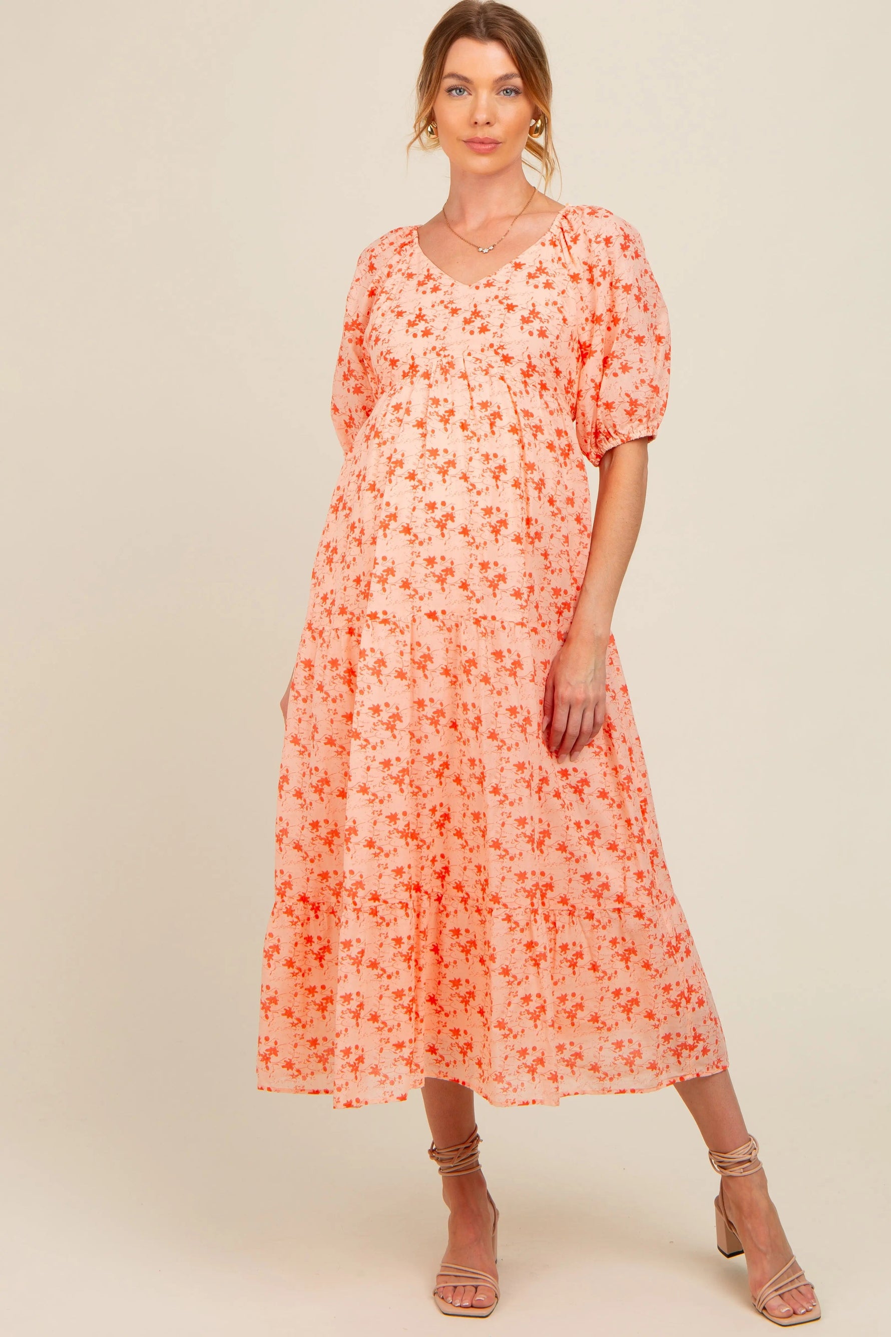 PinkBlush Red Floral V - Neck Tiered Maternity Midi Dress - 