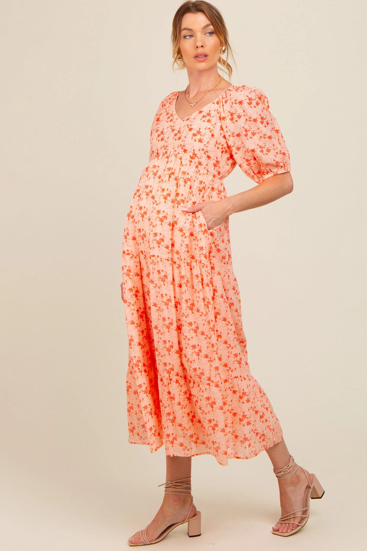 PinkBlush Red Floral V - Neck Tiered Maternity Midi Dress - 