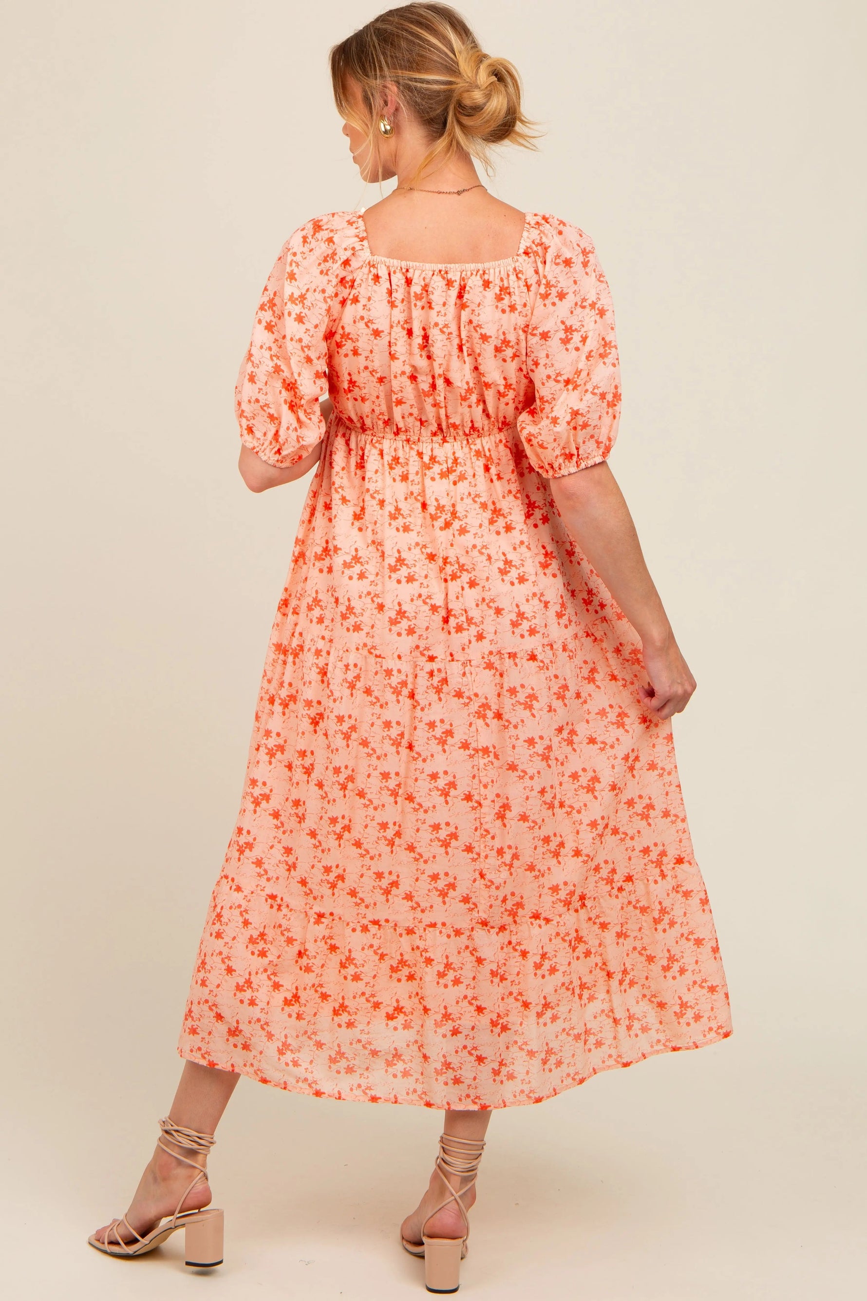 PinkBlush Red Floral V - Neck Tiered Maternity Midi Dress - 