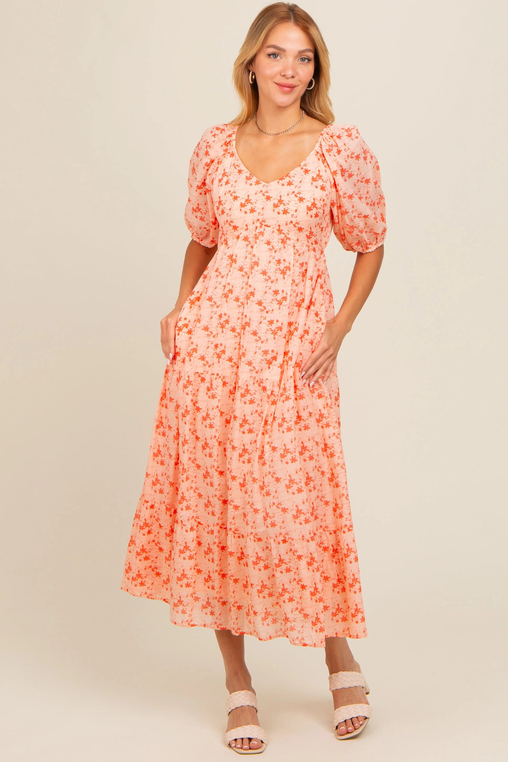 PinkBlush Red Floral V - Neck Tiered Maternity Midi Dress - 