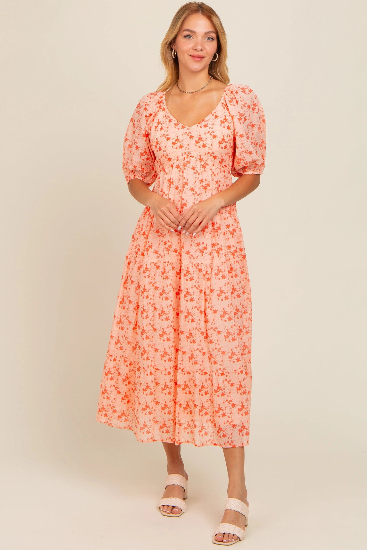 PinkBlush Red Floral V - Neck Tiered Midi Dress - 