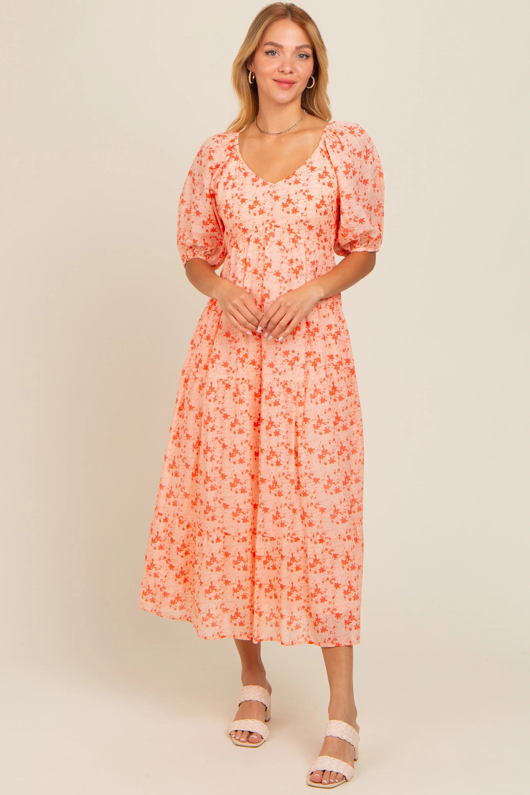 PinkBlush Red Floral V - Neck Tiered Midi Dress - 