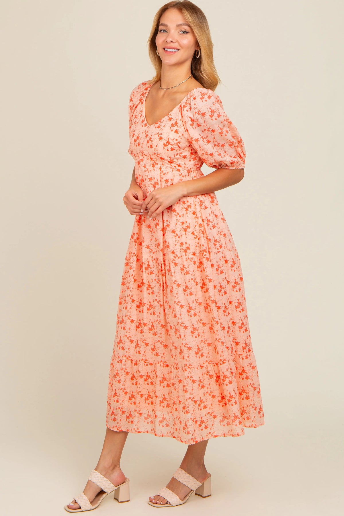 PinkBlush Red Floral V - Neck Tiered Midi Dress - 
