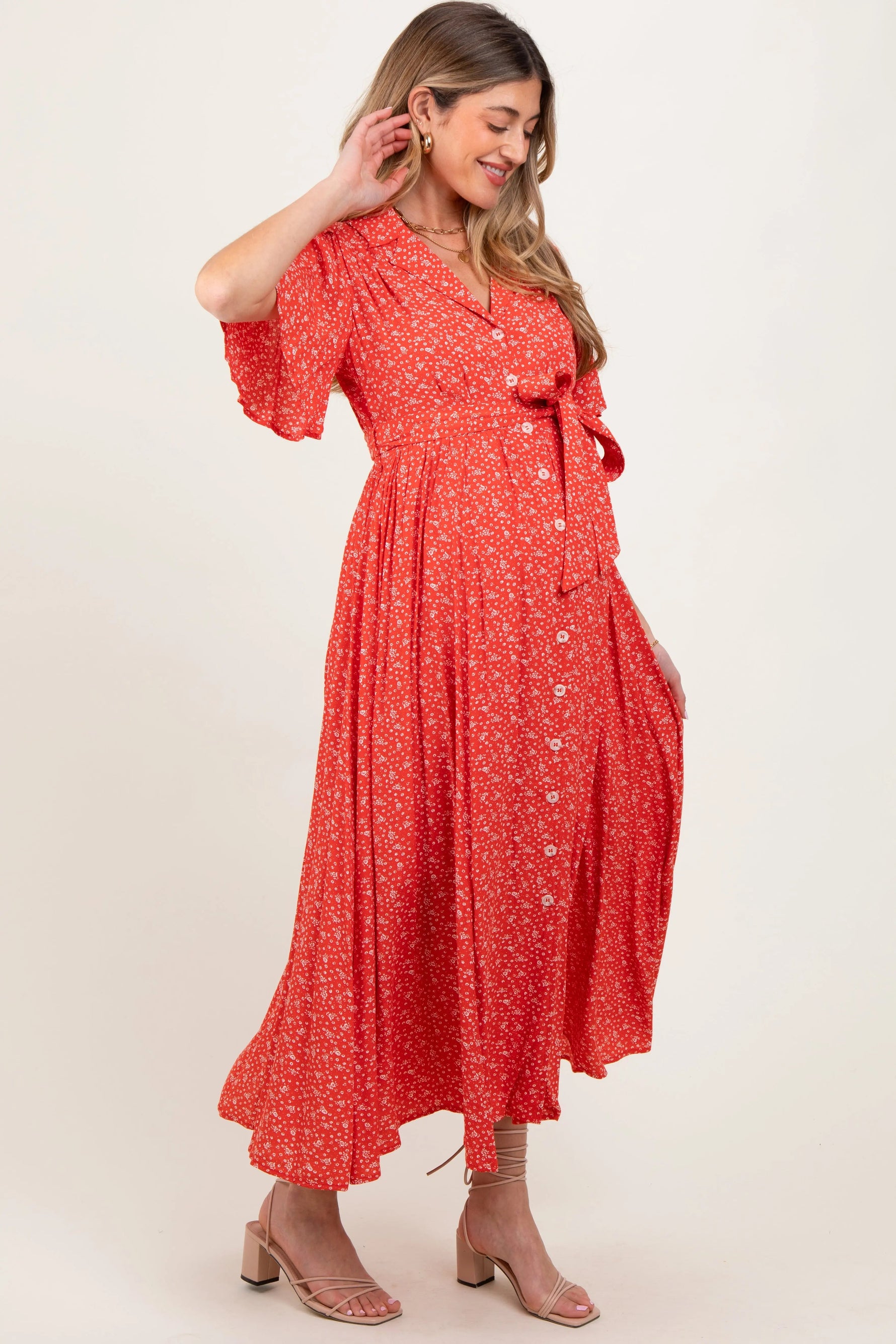 PinkBlush Red Flutter Sleeve Button Down Maternity Maxi Dress - 