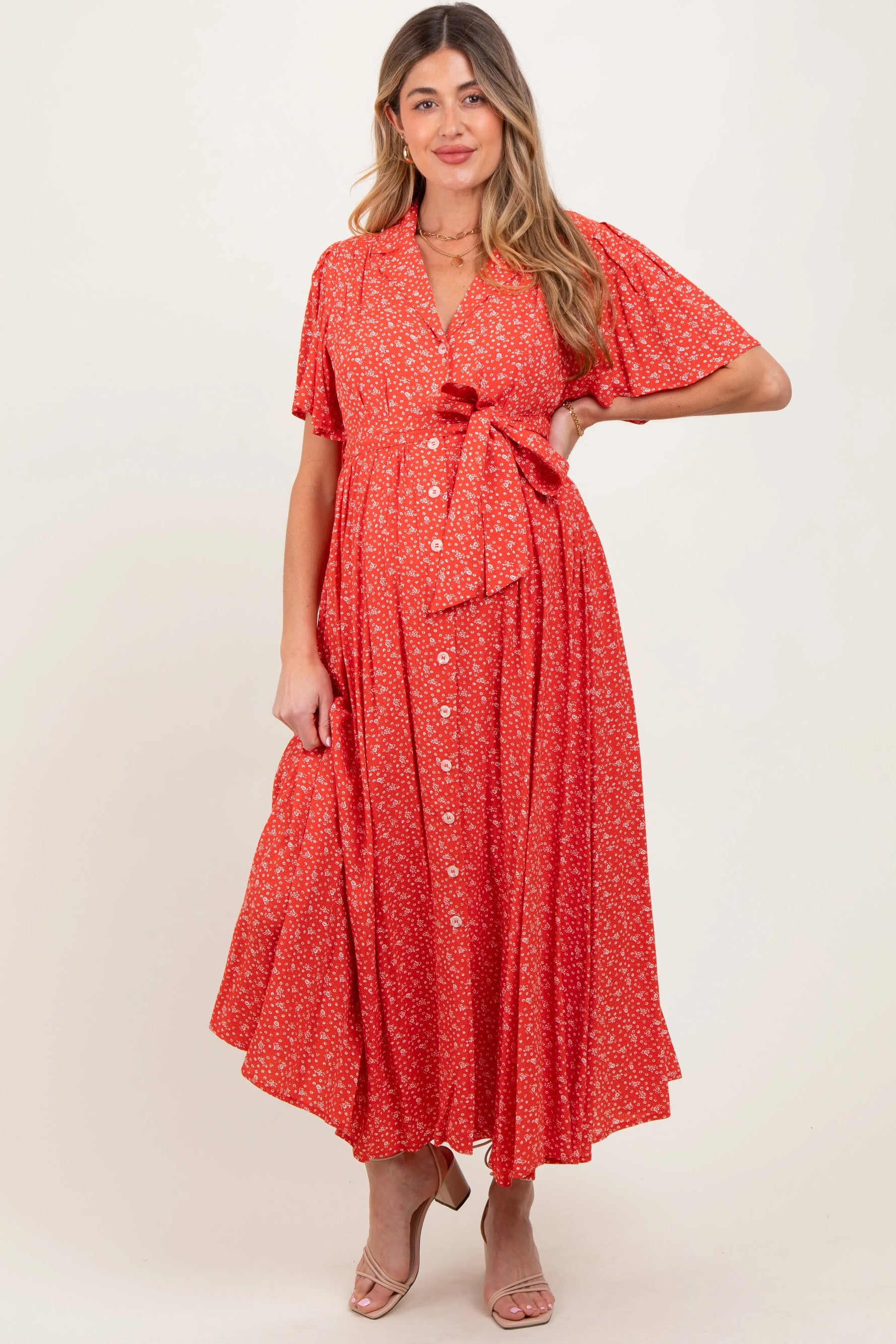 PinkBlush Red Flutter Sleeve Button Down Maternity Maxi Dress - 